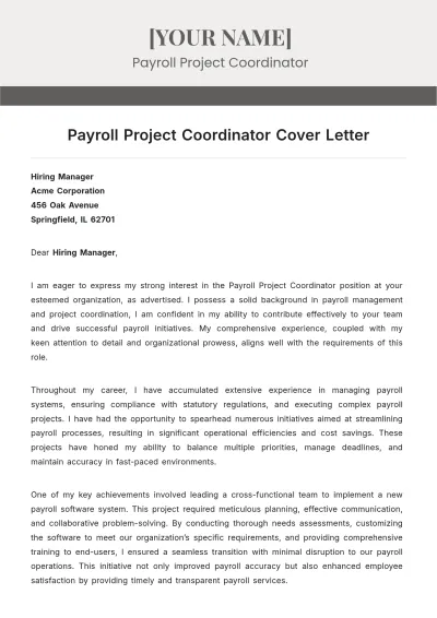 Free Payroll Project Coordinator Cover Letter to Edit Online