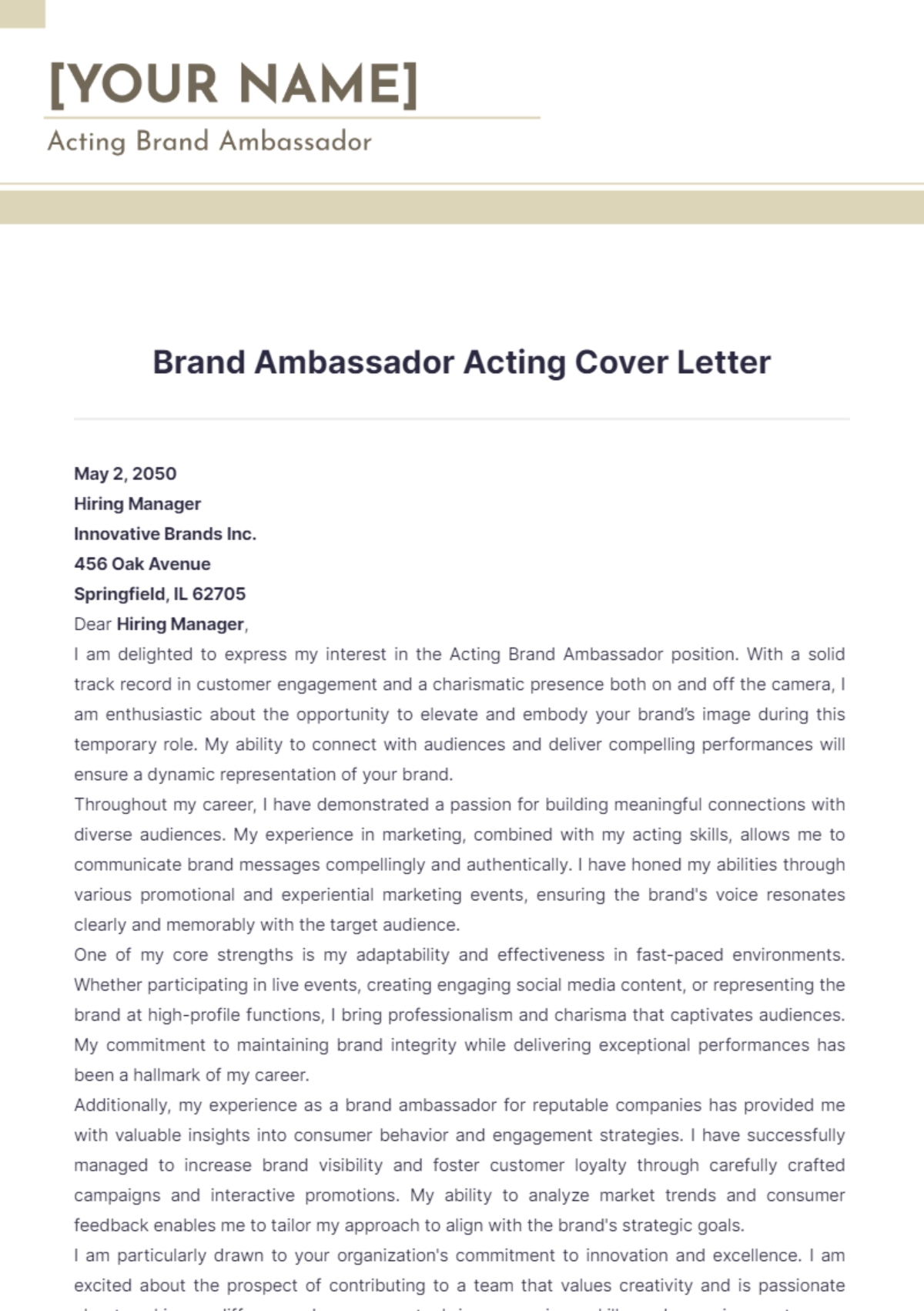 Brand Ambassador Acting Cover Letter - Edit Online & Download