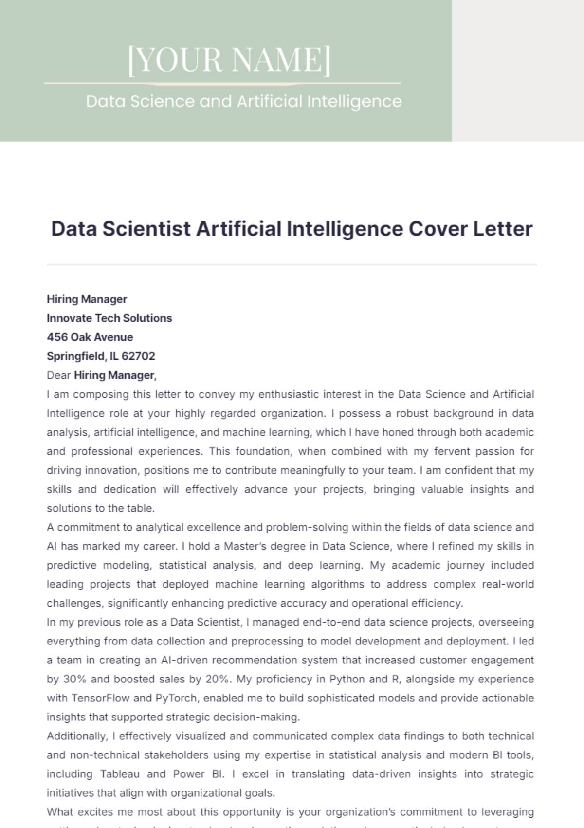 Data Scientist Artificial Intelligence Cover Letter - Edit Online & Download