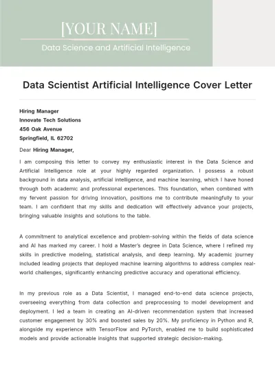 Free Data Scientist Artificial Intelligence Cover Letter to Edit Online
