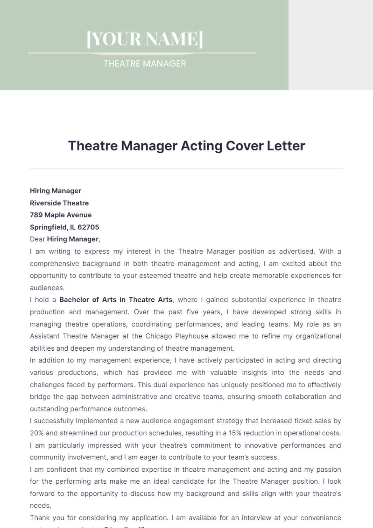 Theatre Manager Acting Cover Letter - Edit Online & Download