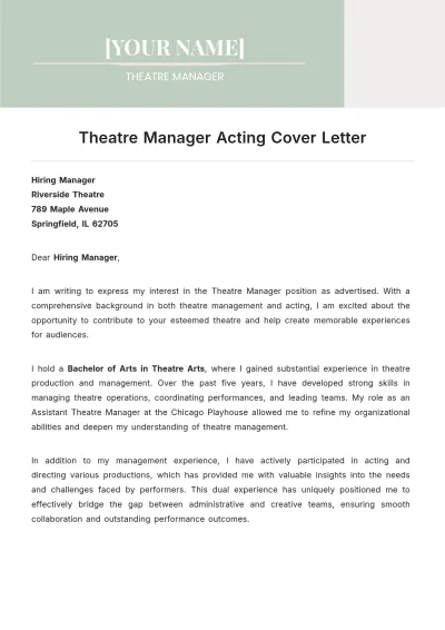 Free Theatre Manager Acting Cover Letter to Edit Online