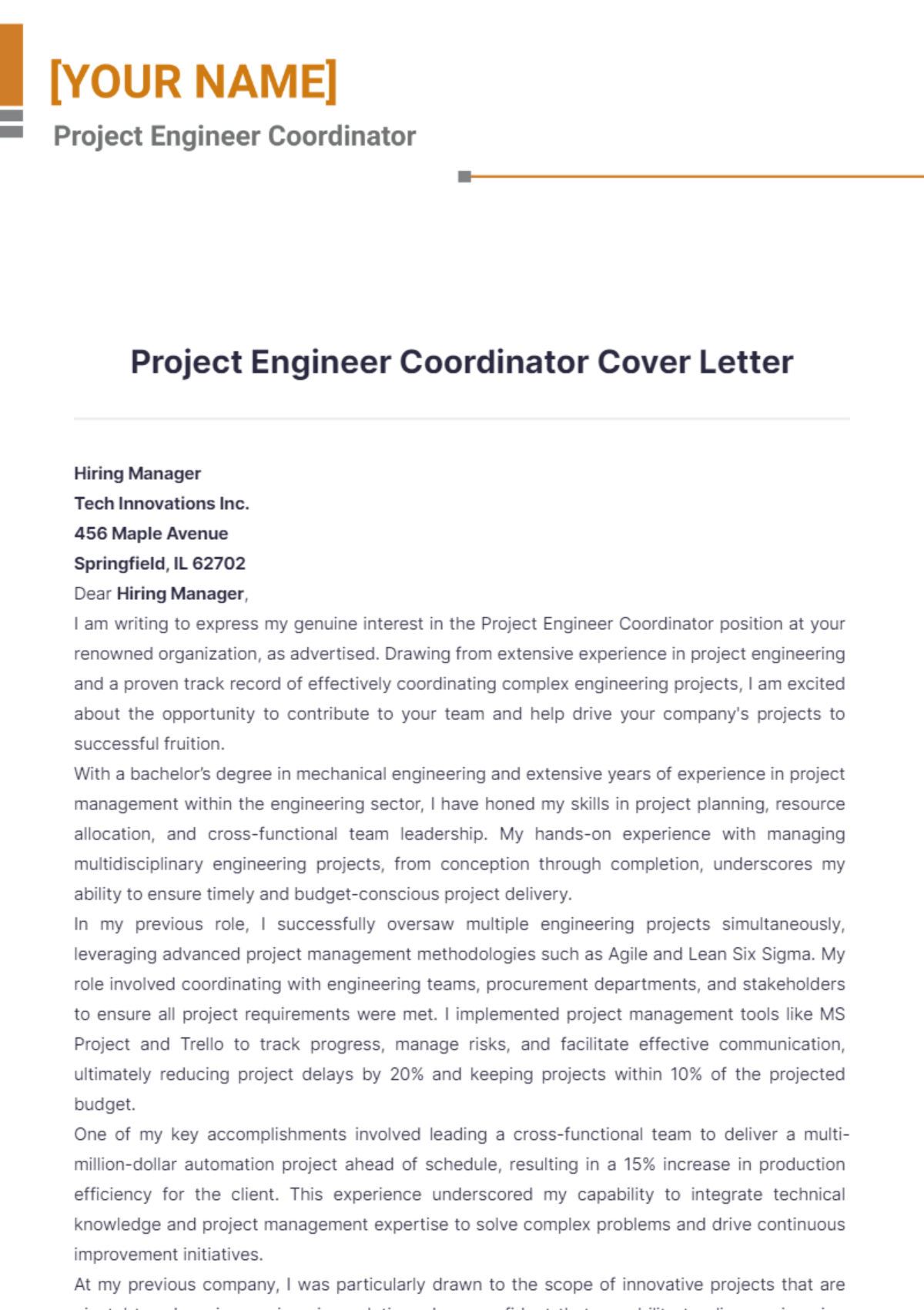 Project Engineer Coordinator Cover Letter - Edit Online & Download