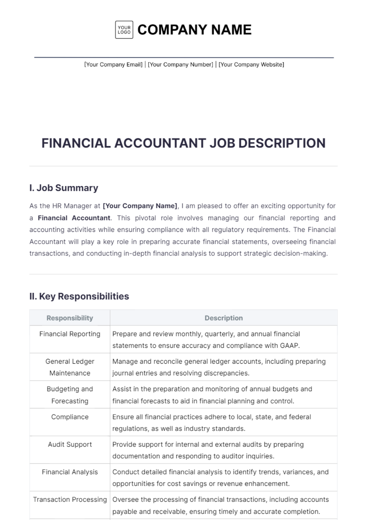 Financial Accountant Job Description Template - Edit Online & Download