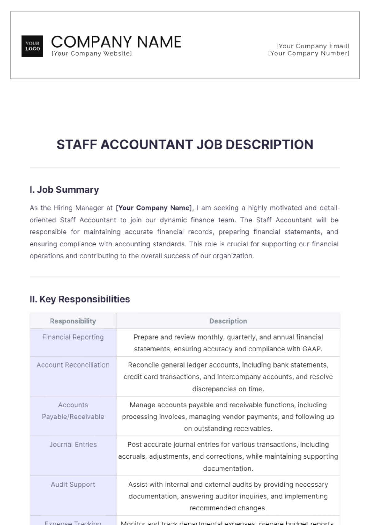 Staff Accountant Job Description Template - Edit Online & Download