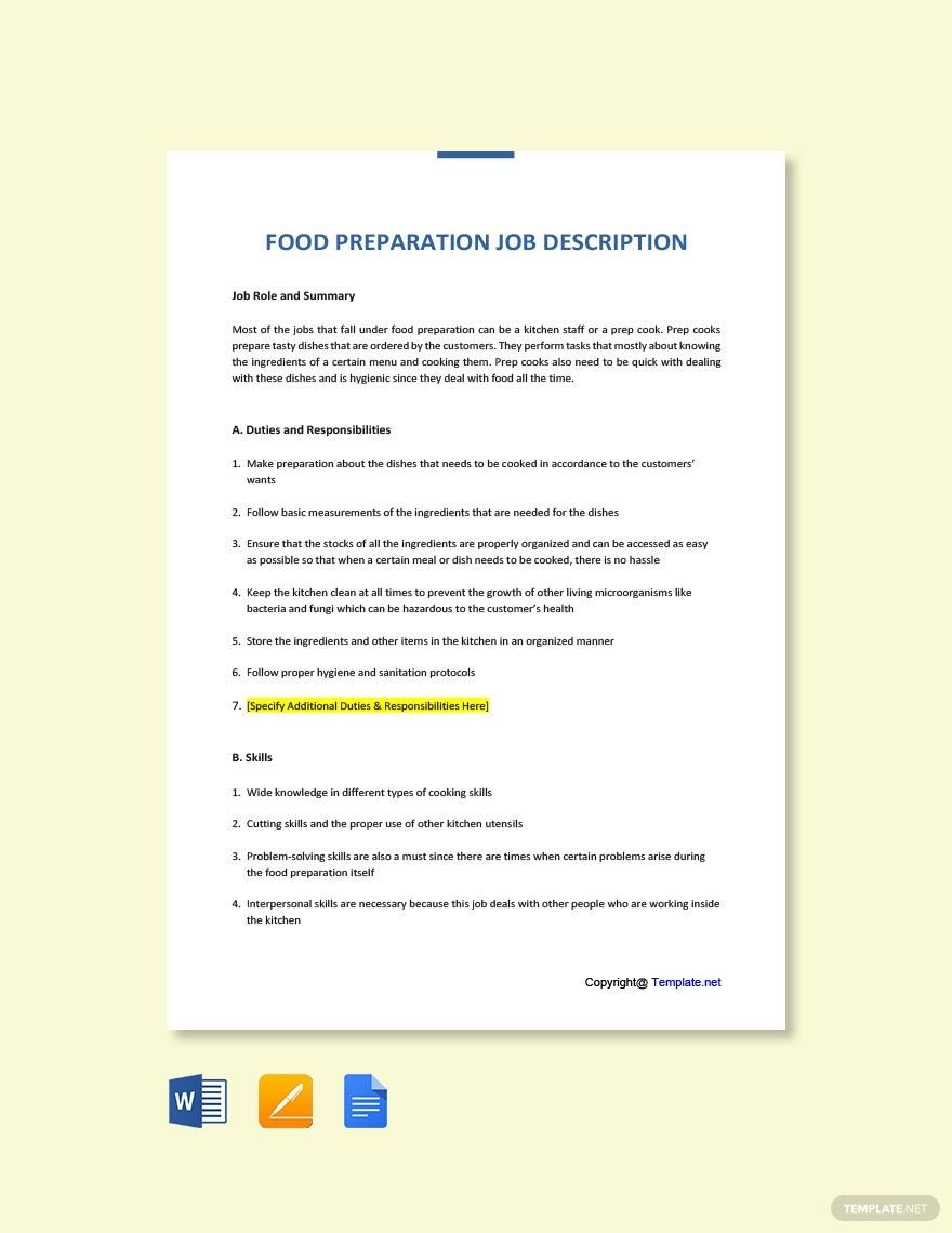 Food Preparation Job Ad/Description Template