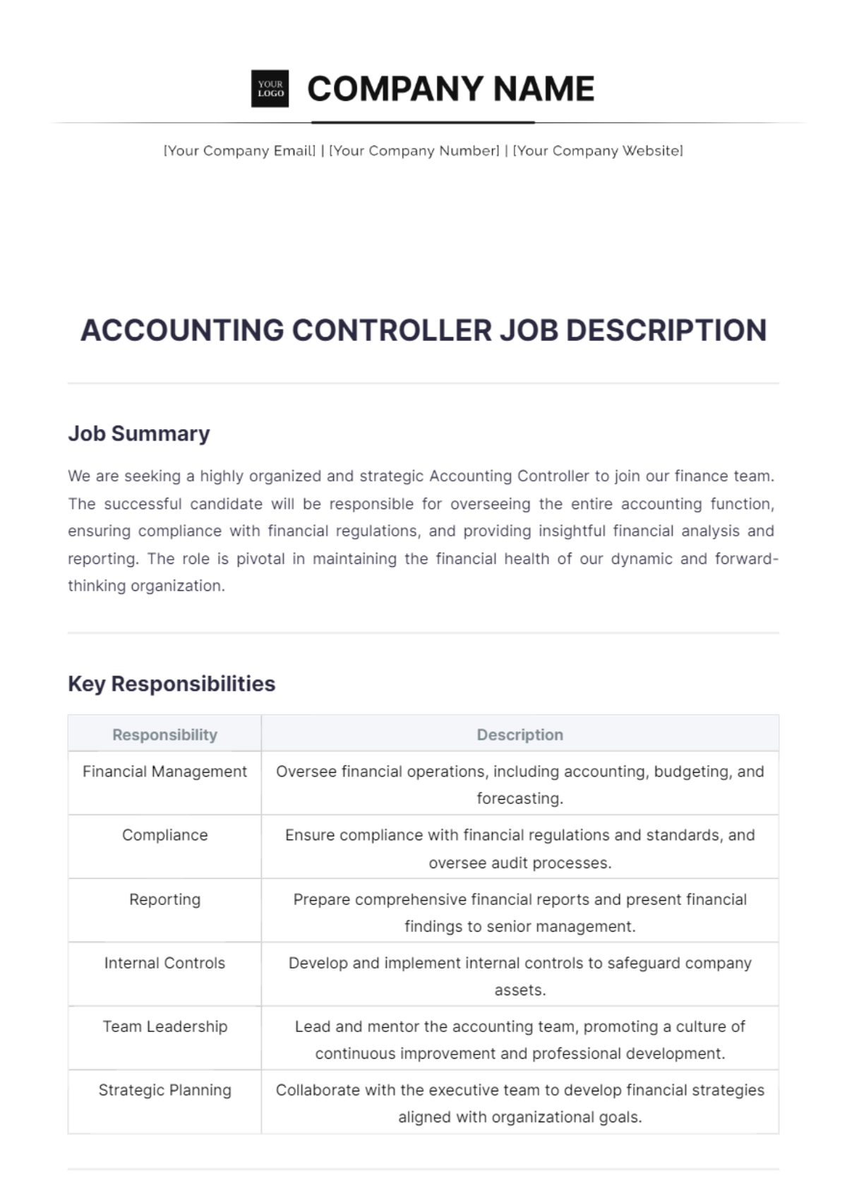 Accounting Controller Job Description Template - Edit Online & Download