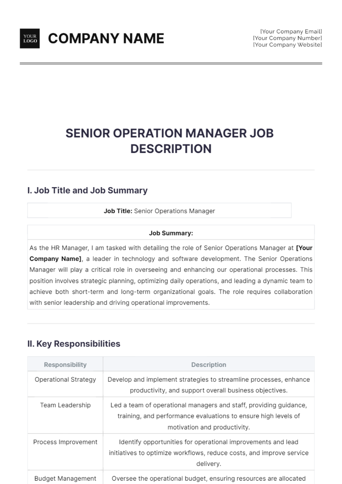 Senior Operations Manager Job Description Template - Edit Online & Download