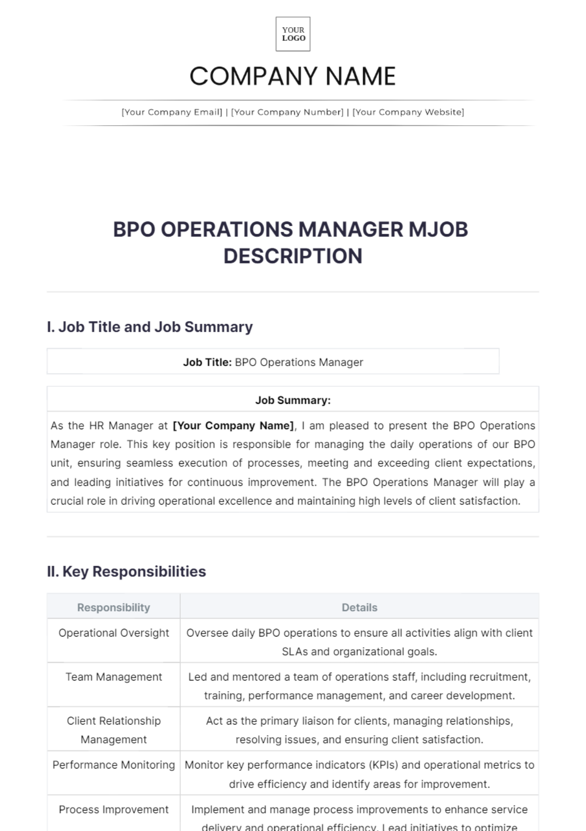 BPO Operations Manager Job Description Template - Edit Online & Download