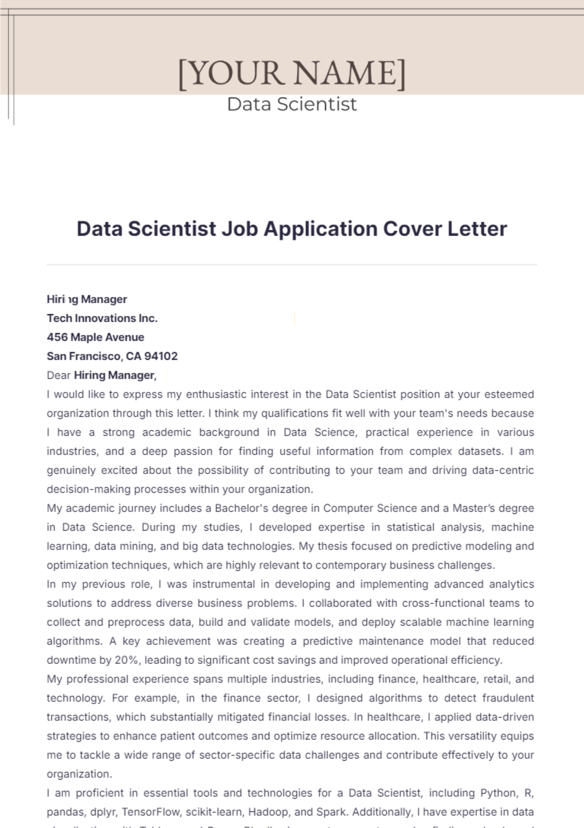 Data Scientist Job Application Cover Letter - Edit Online & Download