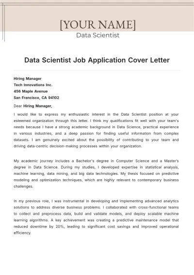 Free Data Scientist Job Application Cover Letter to Edit Online