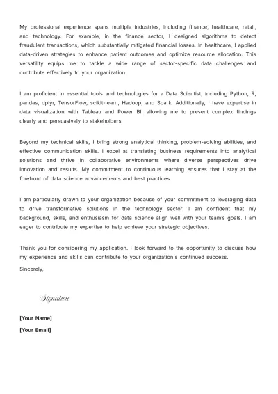Free Data Scientist Job Application Cover Letter to Edit Online