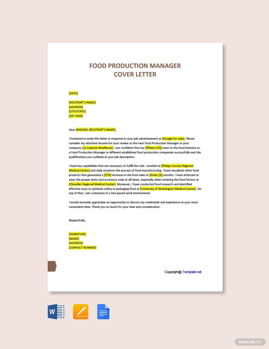 Food Production Manager Cover Letter Template in Word, Google Docs, Pages, PDF - Download | Template.net