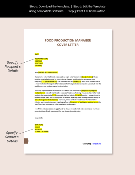 Food Production Manager Cover Letter Template