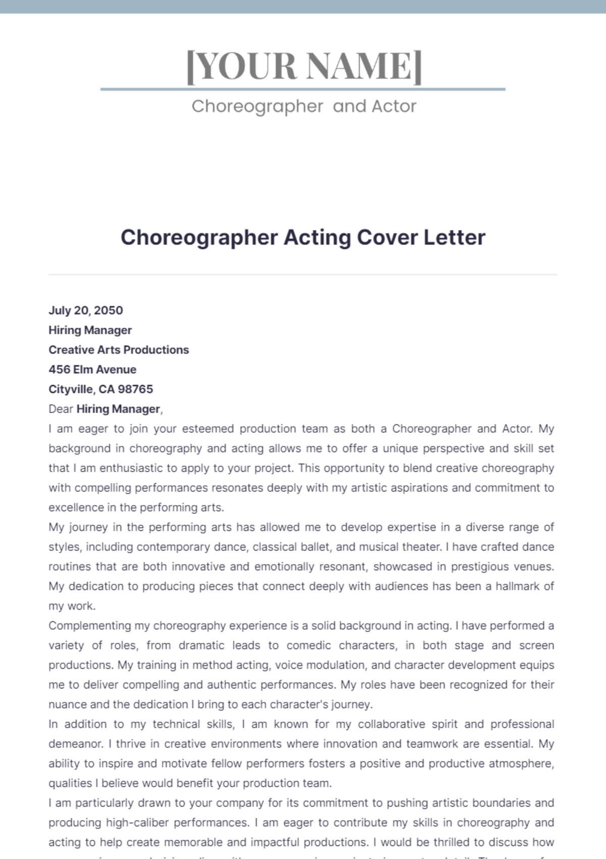 Choreographer Acting Cover Letter - Edit Online & Download