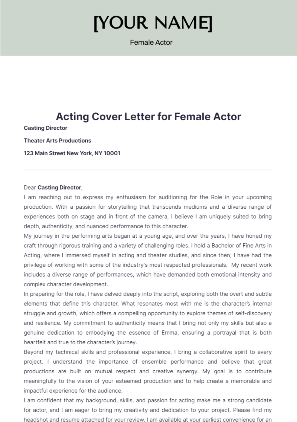 Acting Cover Letter for Female Actor - Edit Online & Download