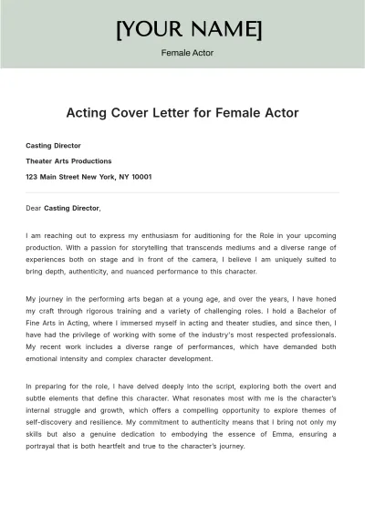 Free Acting Cover Letter for Female Actor to Edit Online