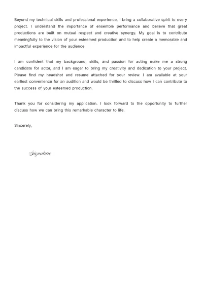 Free Acting Cover Letter for Female Actor to Edit Online