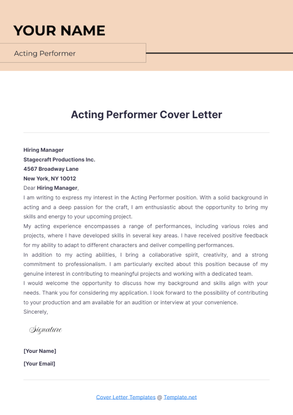 Acting Performer Cover Letter - Edit Online & Download