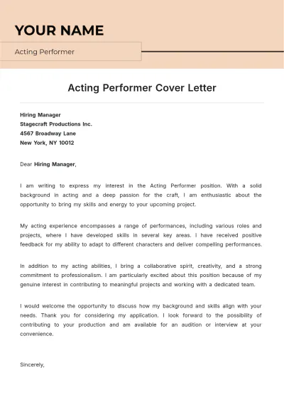 Free Acting Performer Cover Letter to Edit Online