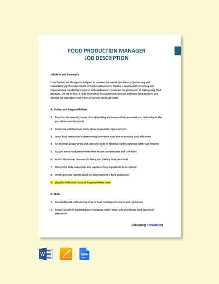 Fresh Food Manager Job Description Template Google Docs Word 