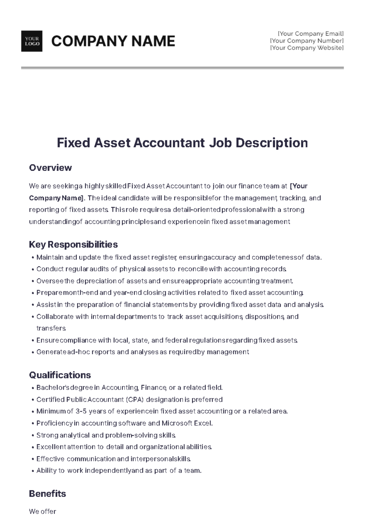 Fixed Asset Accountant Job Description Template - Edit Online & Download