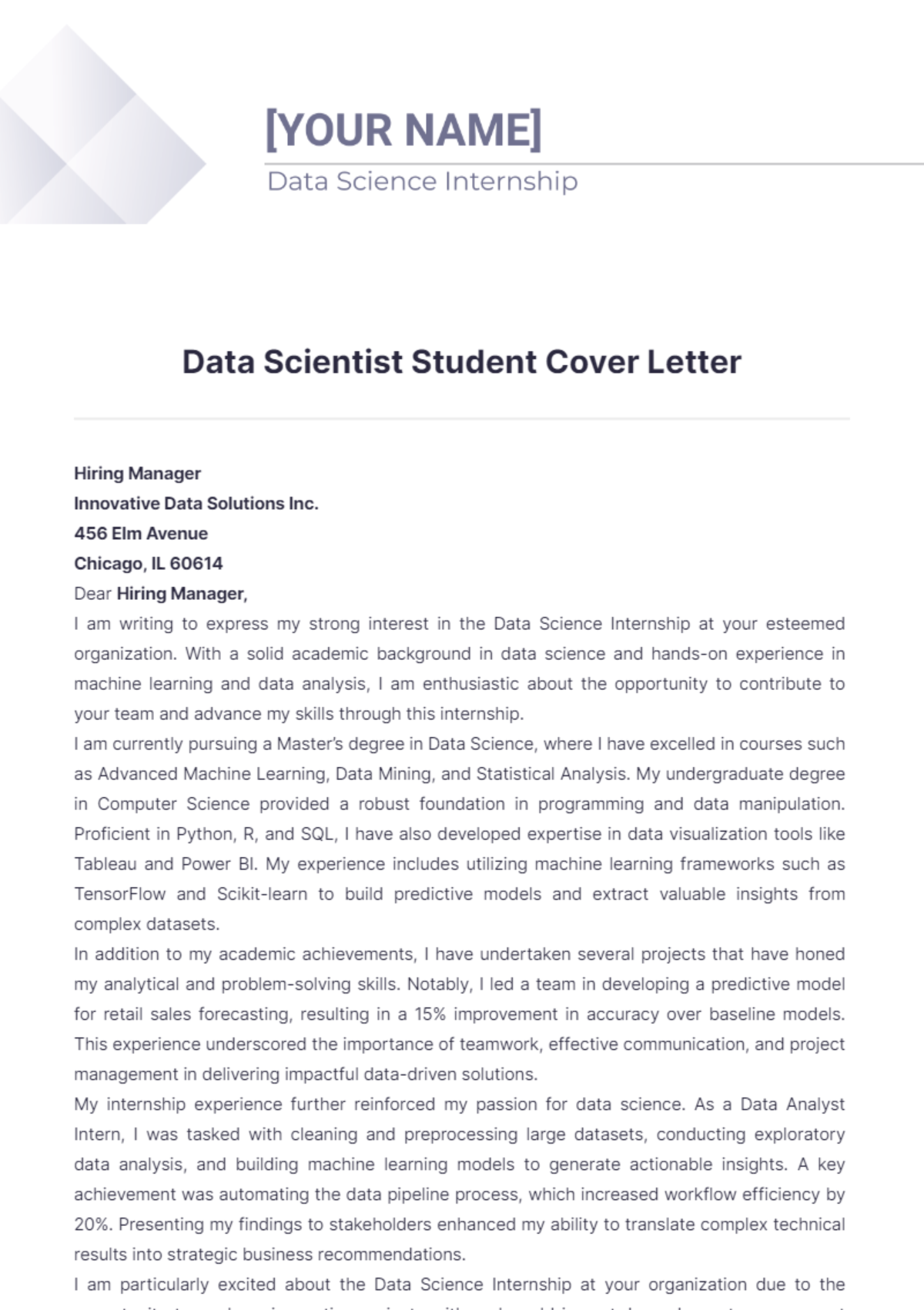 Data Scientist Student Cover Letter - Edit Online & Download