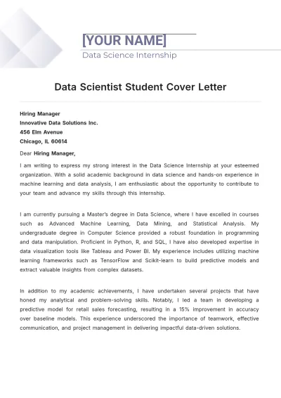 Free Data Scientist Student Cover Letter to Edit Online