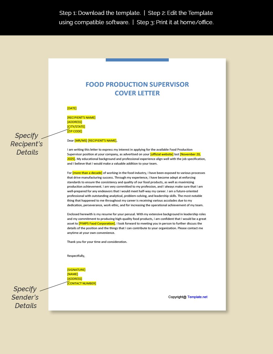 Food Production Supervisor Cover Letter Template