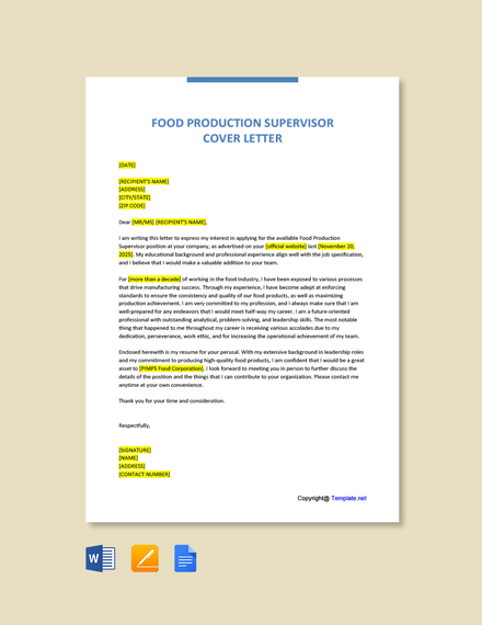 Food Production Supervisor Cover Letter Template Free Pdf Google Docs Word Template Net