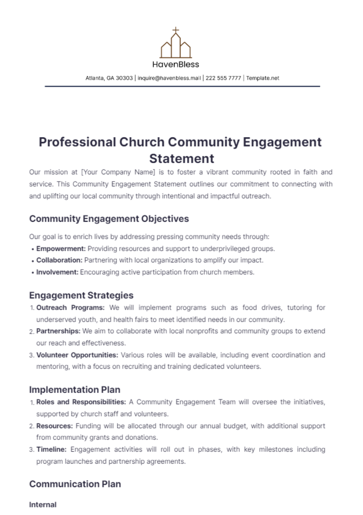 Professional Church Community Engagement Statement Template - Edit Online & Download