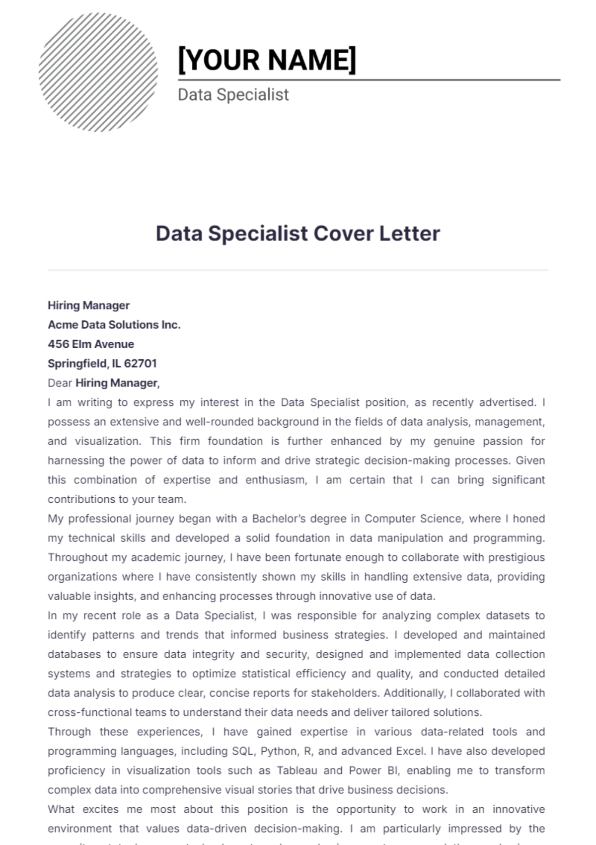 Data Specialist Cover Letter - Edit Online & Download