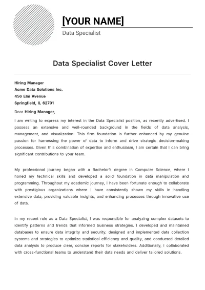 Free Data Specialist Cover Letter to Edit Online