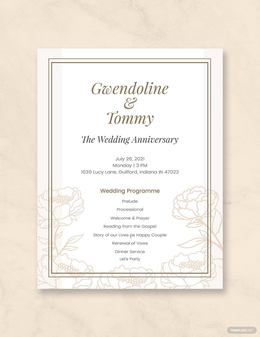 Wedding Anniversary Program Template in Word, Illustrator, PSD, Apple Pages, Publisher