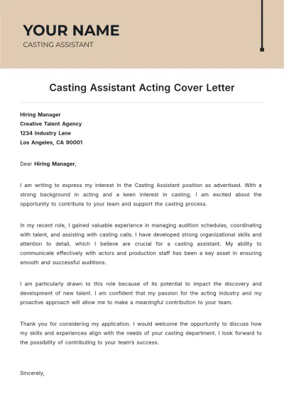 Free Casting Assistant Acting Cover Letter to Edit Online