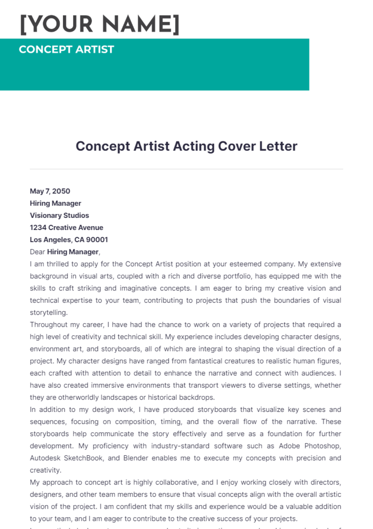 Concept Artist Acting Cover Letter - Edit Online & Download