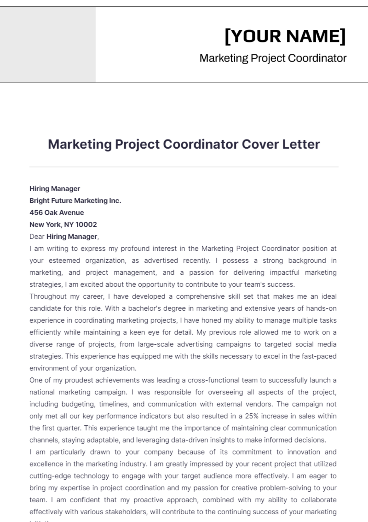 Marketing Project Coordinator Cover Letter - Edit Online & Download