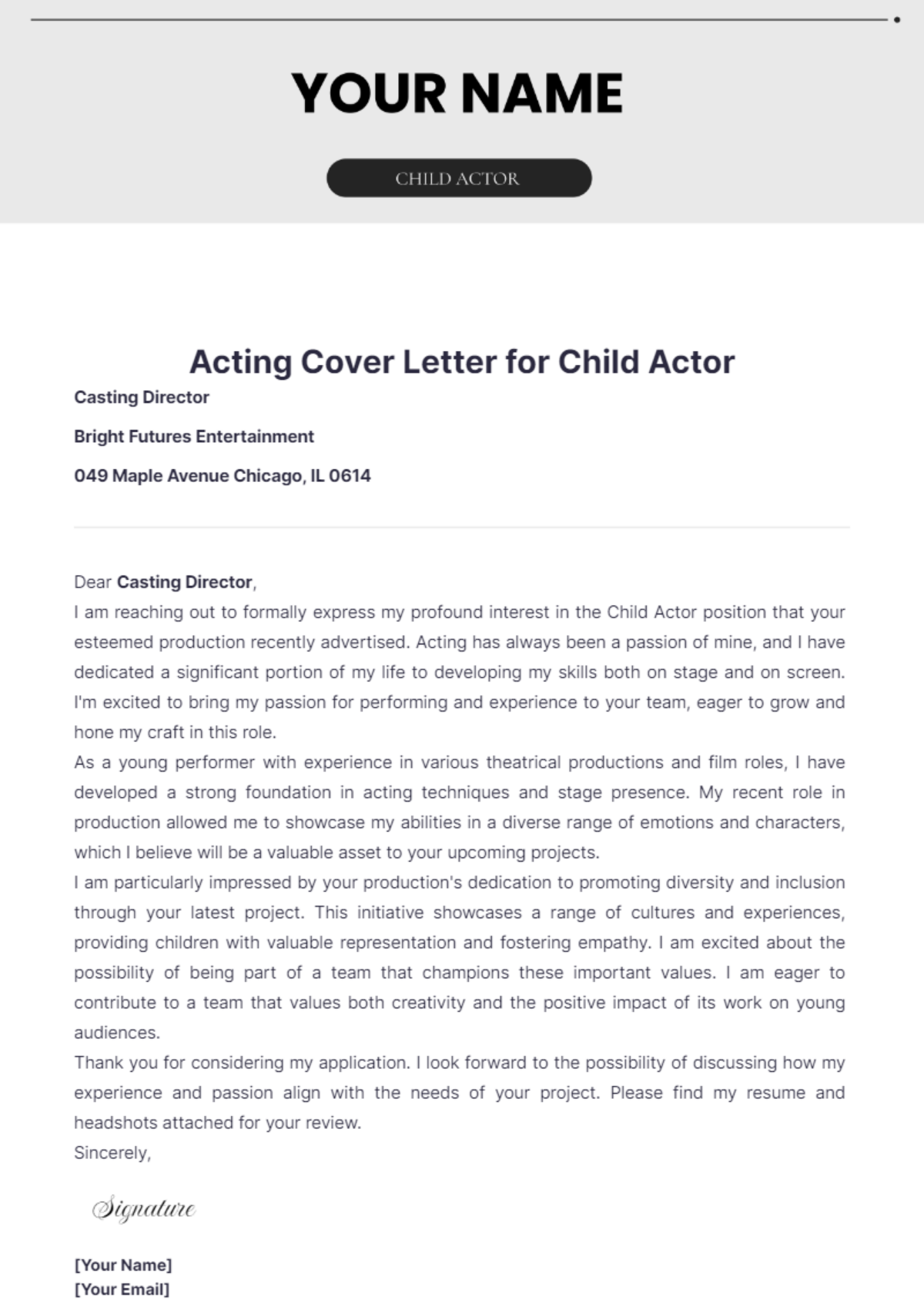 Free Acting Cover Letter for Child Actor Template - Edit Online ...