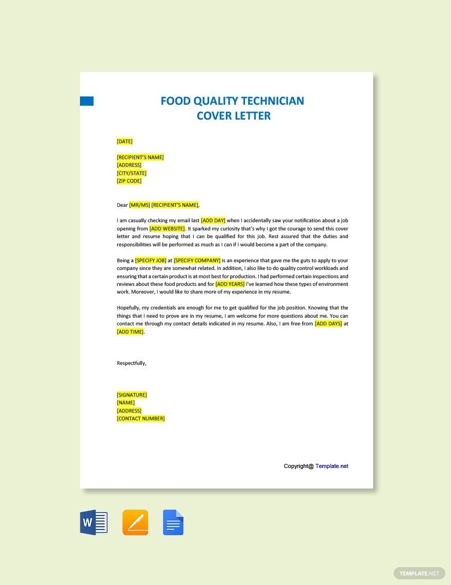Free Food Quality Technician Cover Letter Template