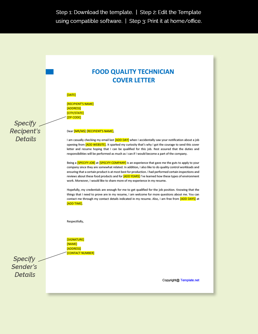 Food Quality Technician Cover Letter Template
