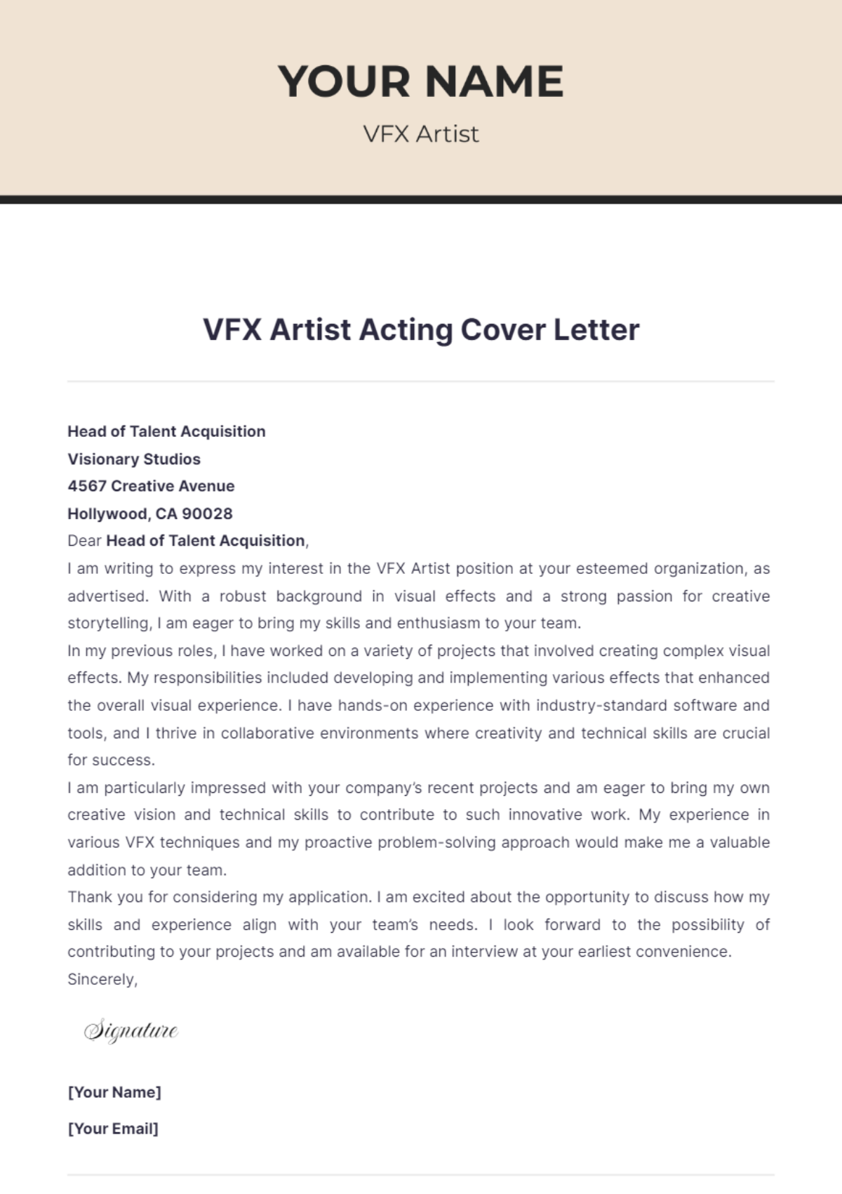 VFX Artist Acting Cover Letter - Edit Online & Download