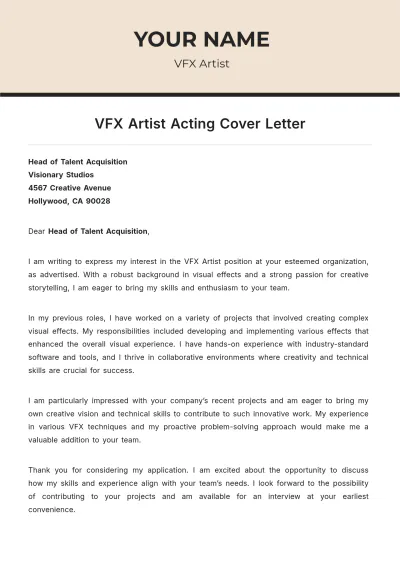 Free VFX Artist Acting Cover Letter to Edit Online