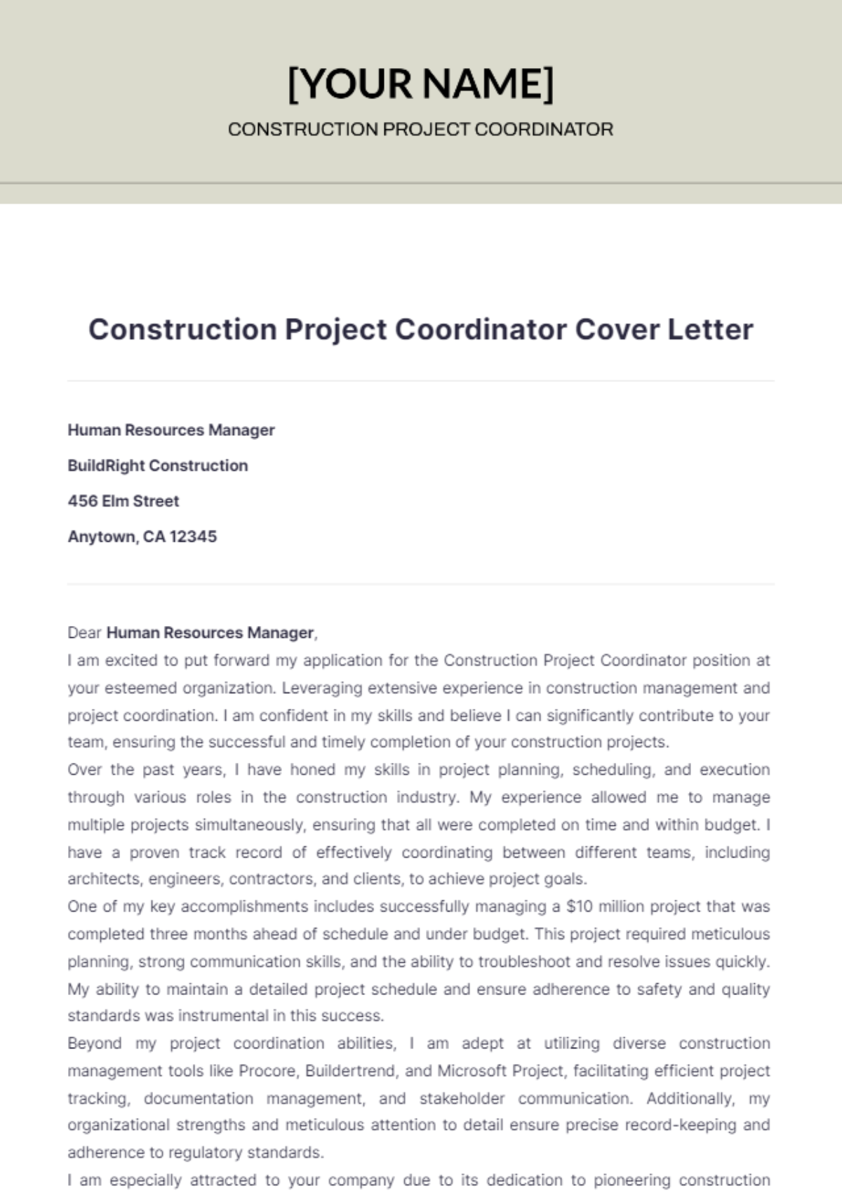 Construction Project Coordinator Cover Letter - Edit Online & Download