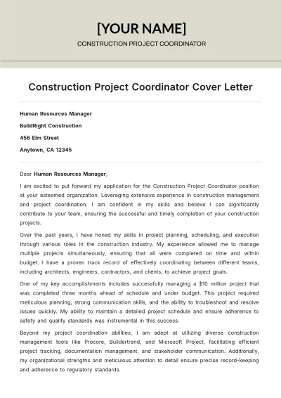 Free Construction Project Coordinator Cover Letter to Edit Online