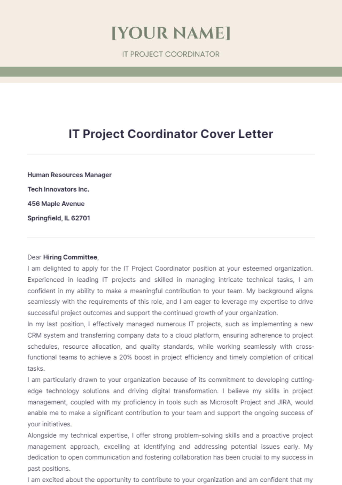 IT Project Coordinator Cover Letter - Edit Online & Download