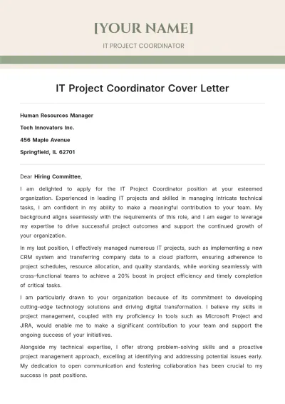 Free IT Project Coordinator Cover Letter to Edit Online