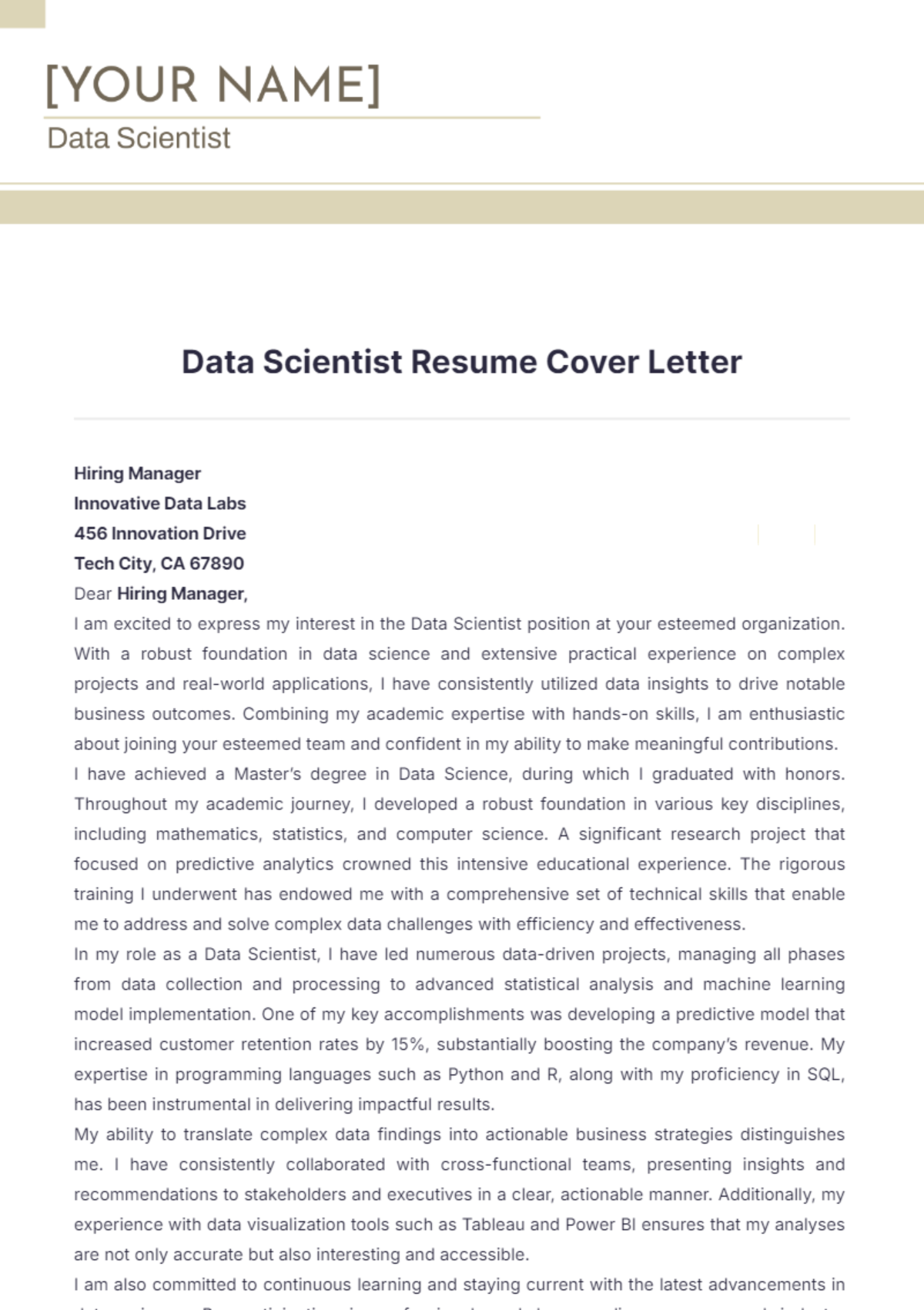 Data Scientist Resume Cover Letter - Edit Online & Download