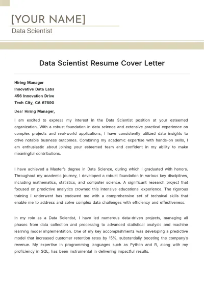 Free Data Scientist Resume Cover Letter to Edit Online