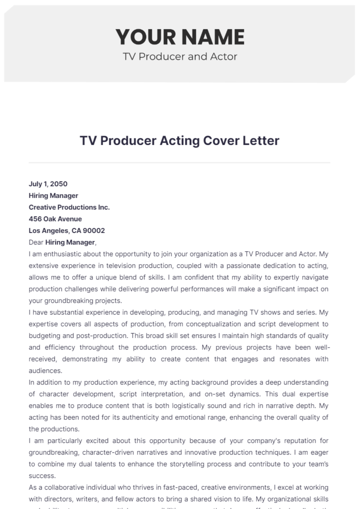 TV Producer Acting Cover Letter - Edit Online & Download