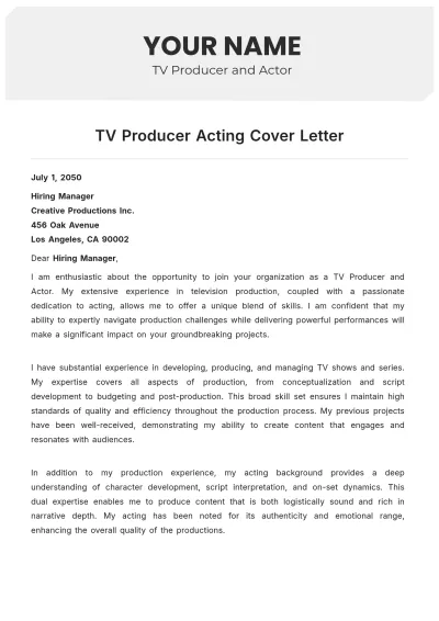 Free TV Producer Acting Cover Letter to Edit Online